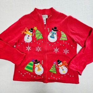 Tiara International Christmas  Snowman Tree Red Zip Up Sweater Womens Large